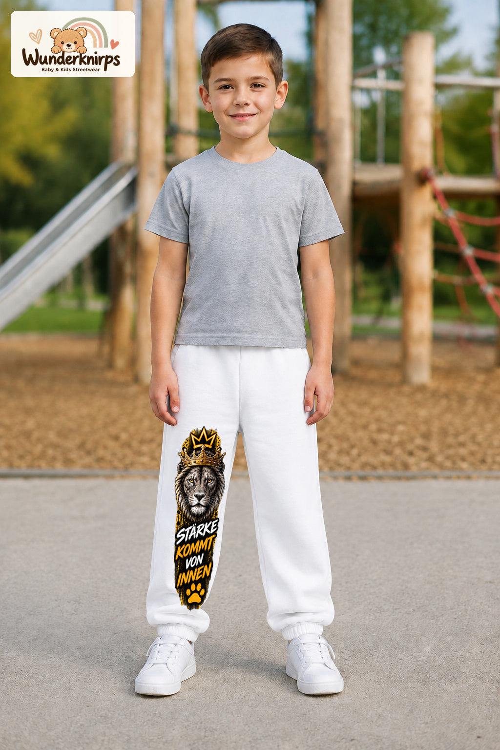 Junge trägt weiße Jogginghose mit Stärke von innen Löwe-Print, von vorn auf dem Spielplatz.