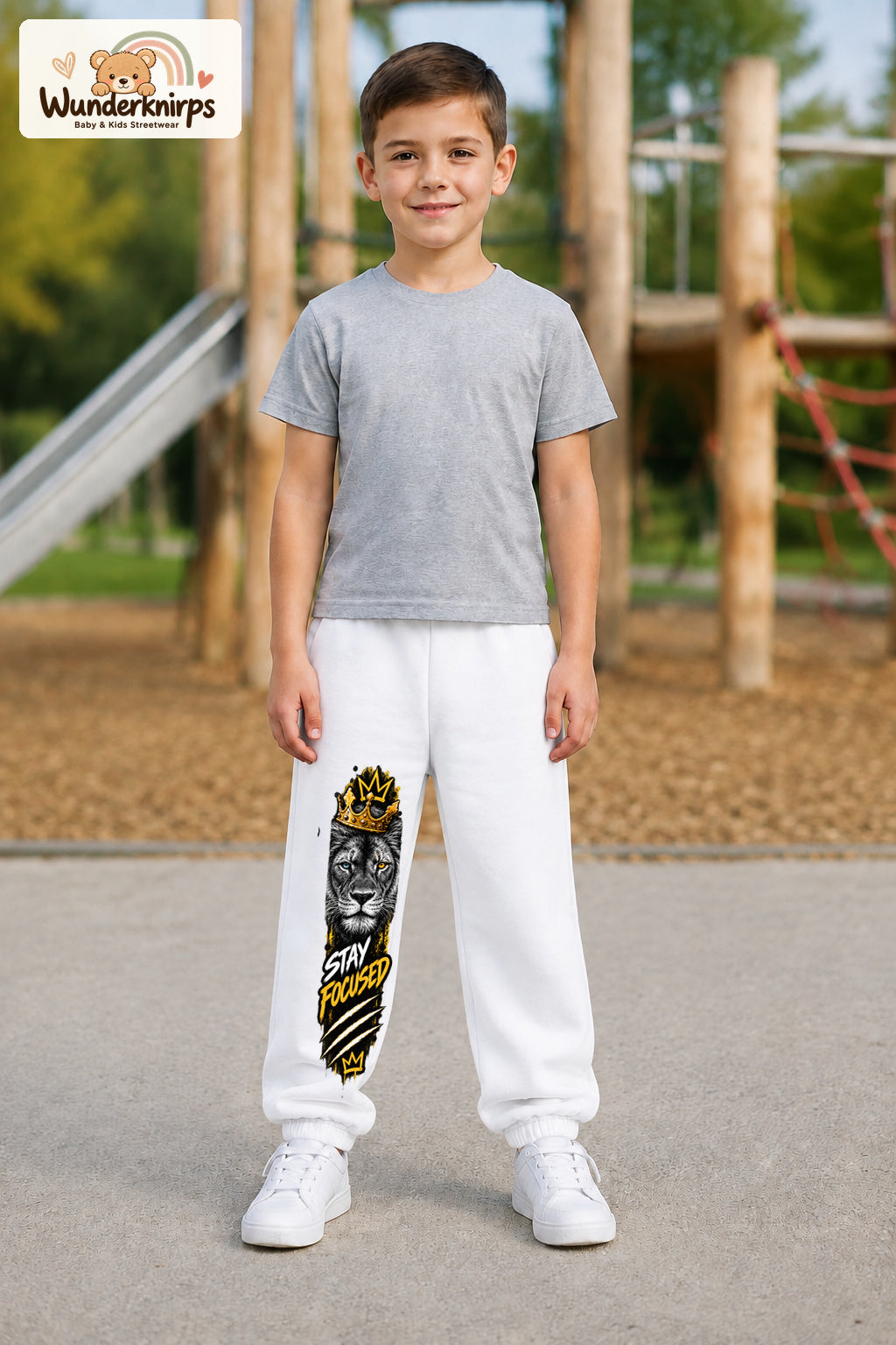 Junge trägt weiße Jogginghose mit Stay Focused Löwe-Print, von vorn auf dem Spielplatz.