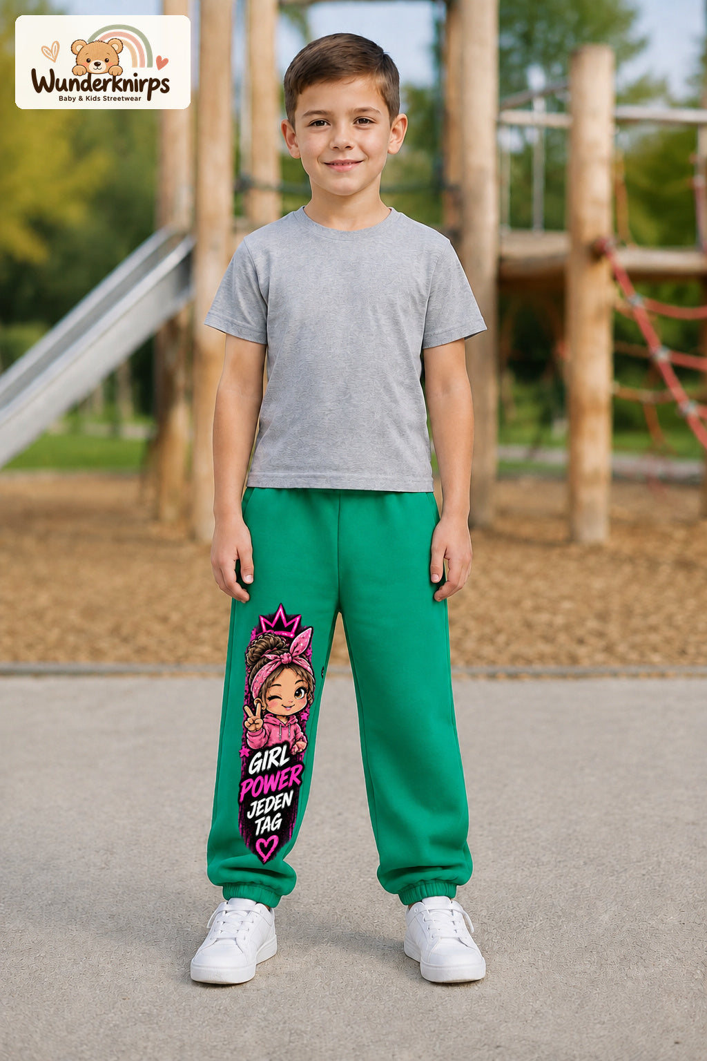 Junge trägt grüne Jogginghose mit Girl Power Bandana-Print, von vorn auf dem Spielplatz.