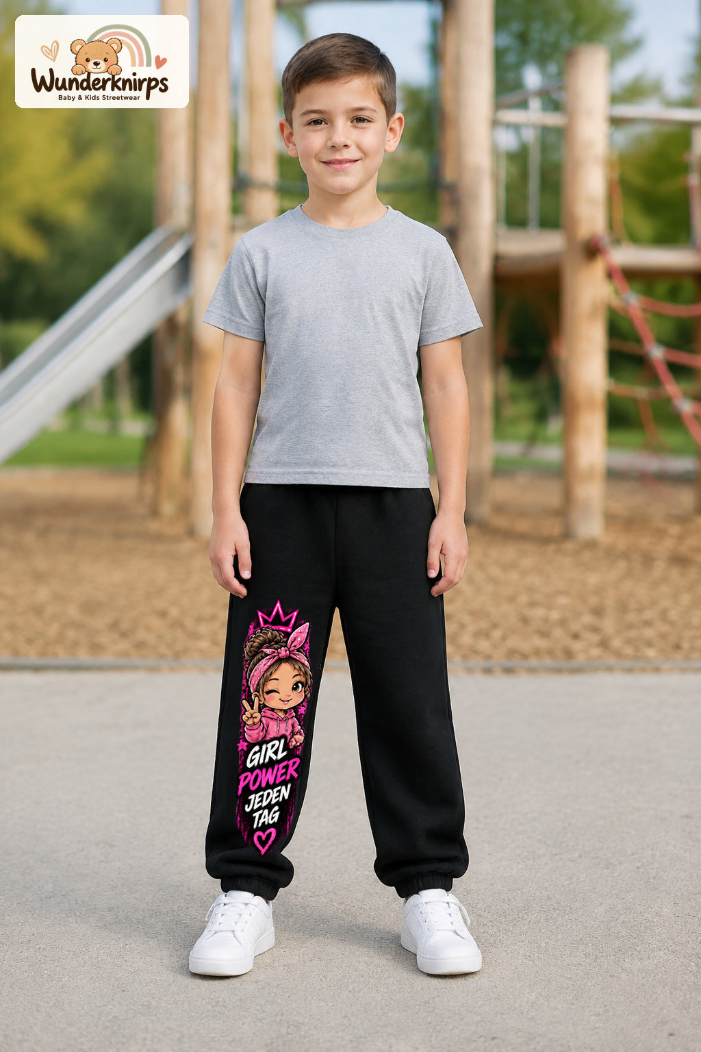 Junge trägt schwarze Jogginghose mit Girl Power Bandana-Print, von vorn auf dem Spielplatz.