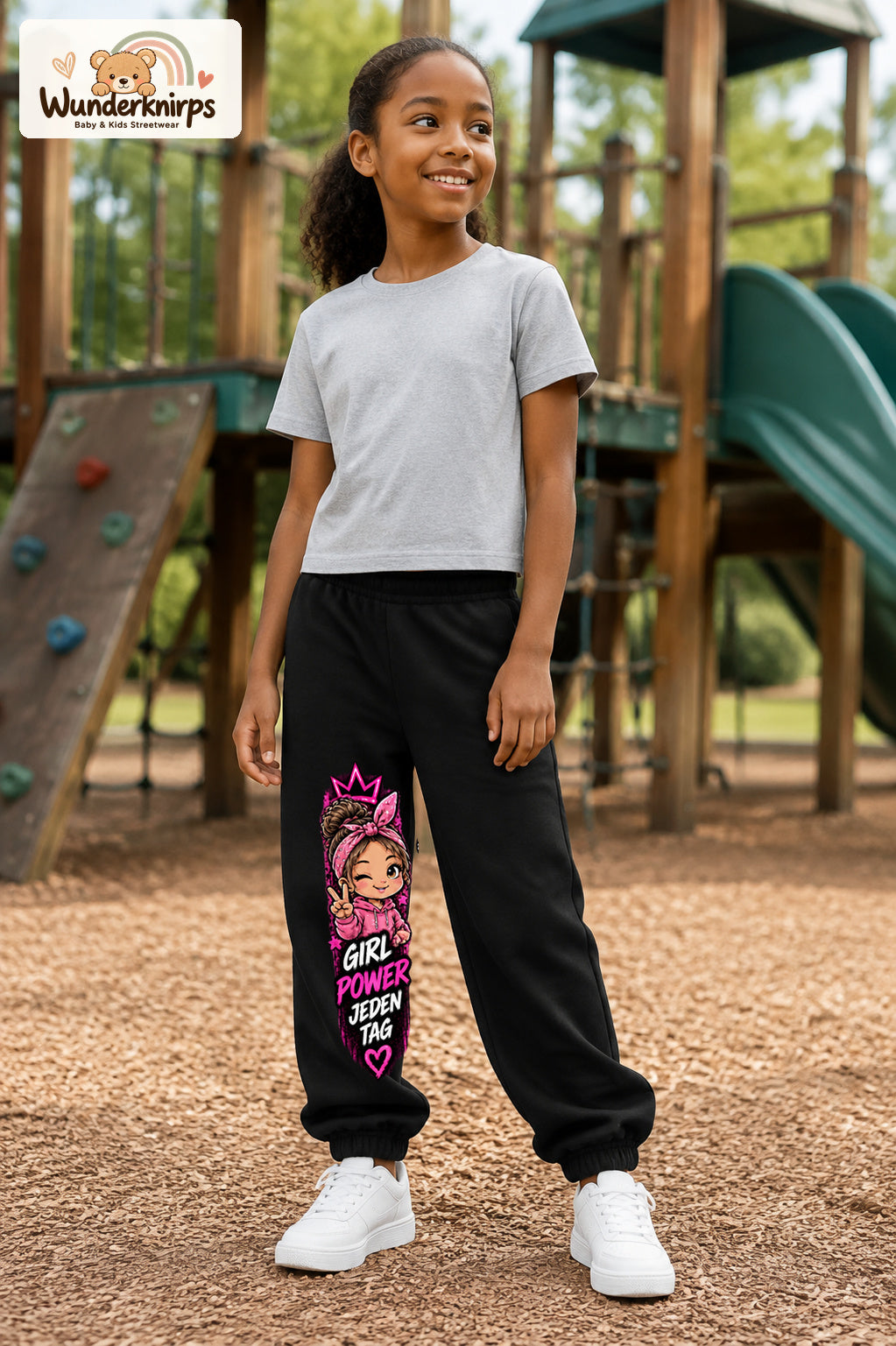 Mädchen trägt schwarze Jogginghose mit Girl Power Bandana-Print, leicht seitlich auf dem Spielplatz.