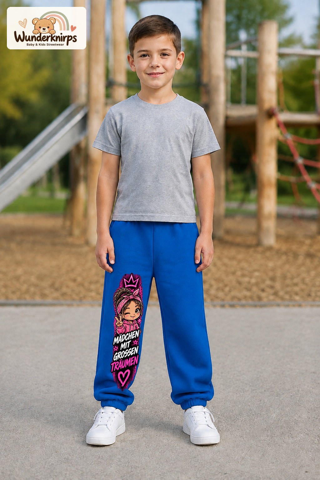 Junge trägt blaue Jogginghose mit Große Träume Bandana-Print, von vorn auf dem Spielplatz.