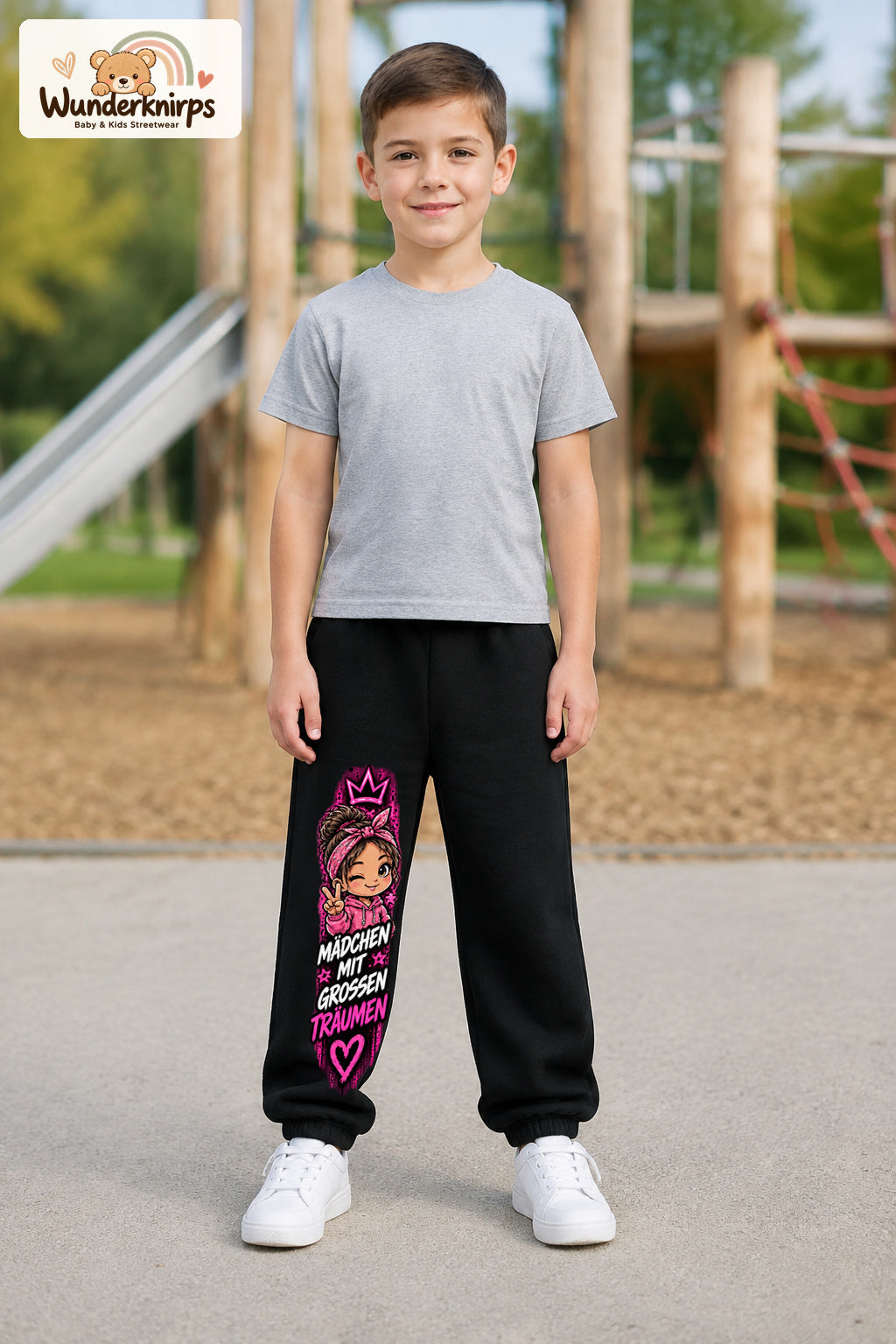 Junge trägt schwarze Jogginghose mit Große Träume Bandana-Print, von vorn auf dem Spielplatz.