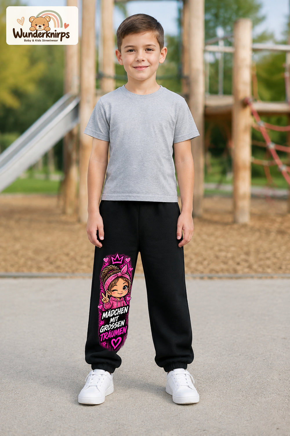 Junge trägt schwarze Jogginghose mit Große Träume Herz-Bandana-Print, von vorn auf dem Spielplatz.