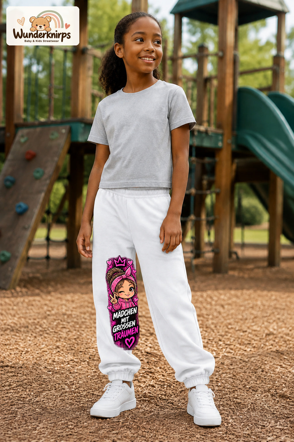 Mädchen trägt weiße Jogginghose mit Große Träume Herz-Bandana-Print, leicht seitlich auf dem Spielplatz.