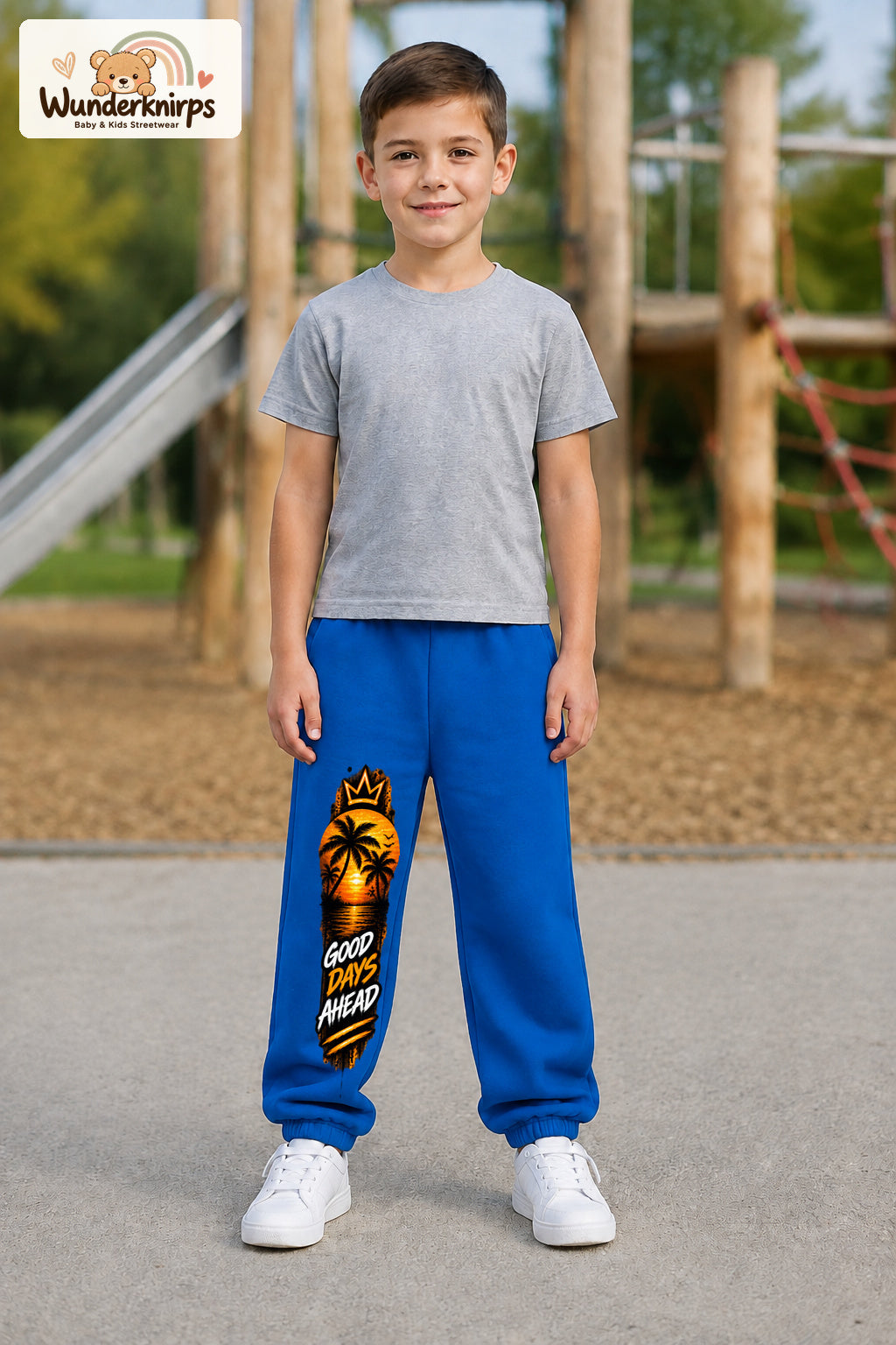 Junge trägt blaue Jogginghose mit Good Days Palmen-Print, von vorn auf dem Spielplatz.
