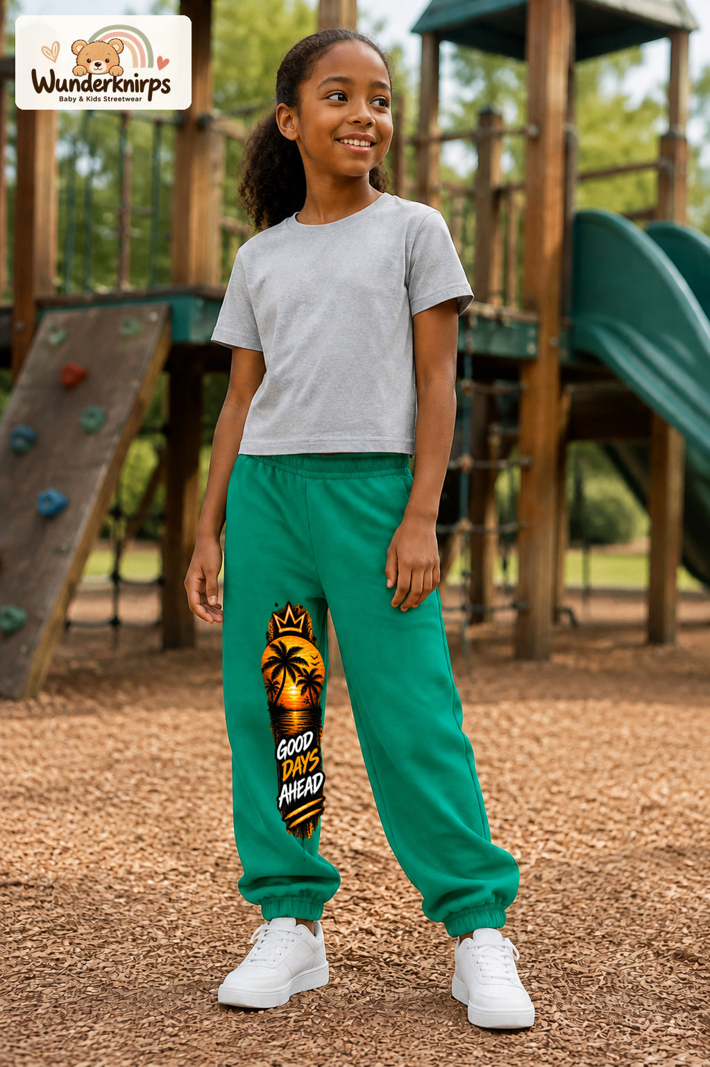 Mädchen trägt grüne Jogginghose mit Good Days Palmen-Print, leicht seitlich auf dem Spielplatz.