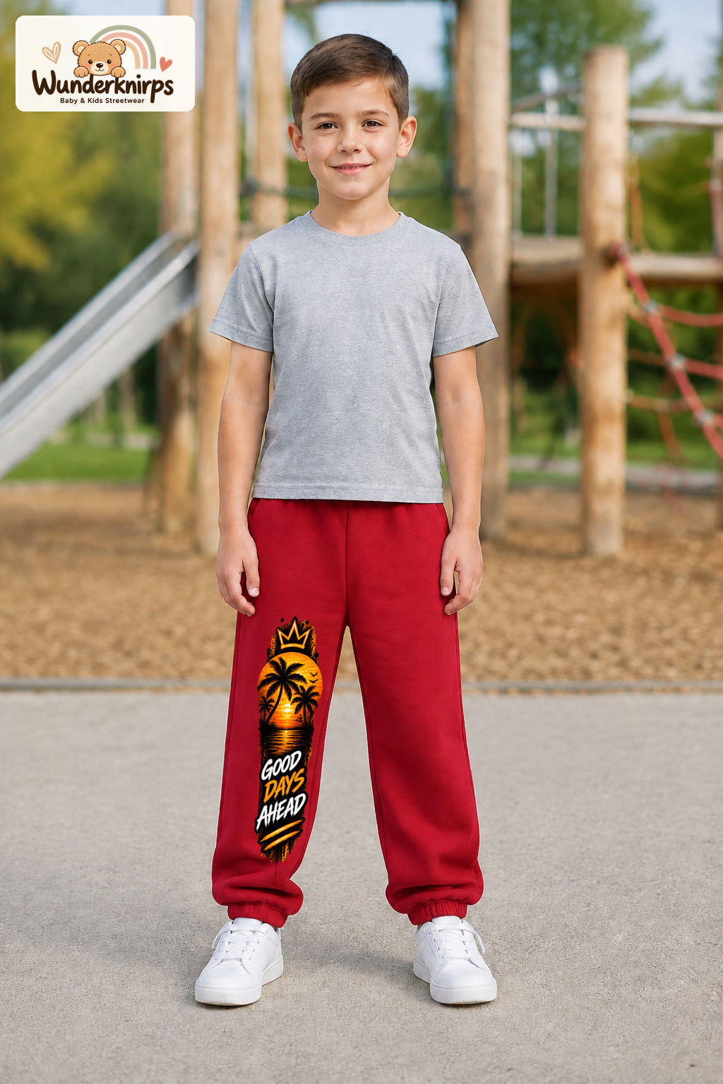 Junge trägt rote Jogginghose mit Good Days Palmen-Print, von vorn auf dem Spielplatz.