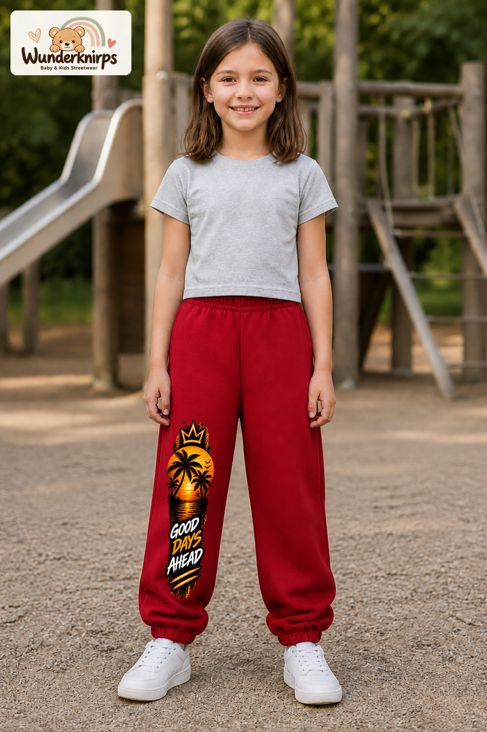 Mädchen trägt rote Jogginghose mit Good Days Palmen-Print, von vorn auf dem Spielplatz.