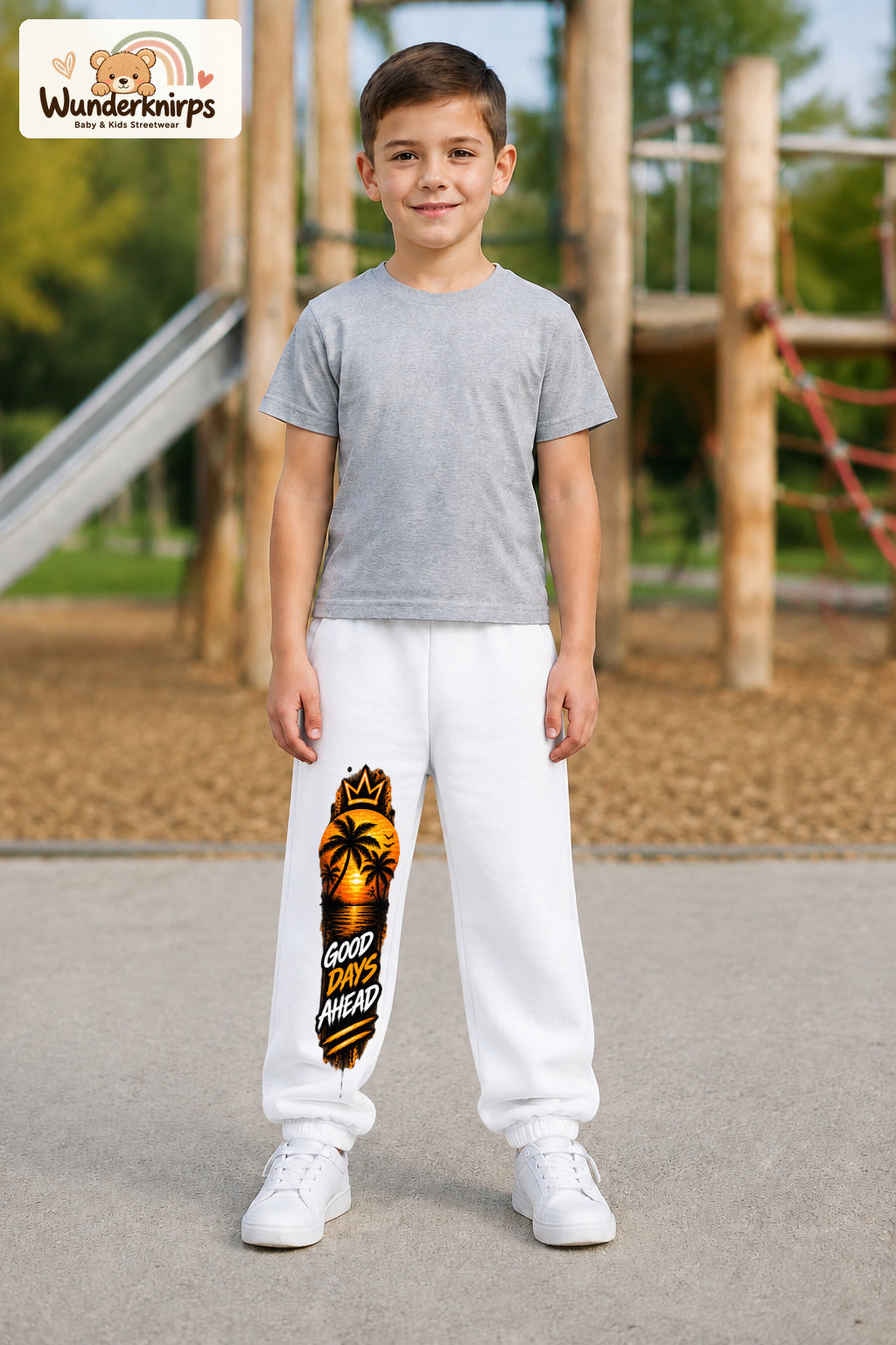 Junge trägt weiße Jogginghose mit Good Days Palmen-Print, von vorn auf dem Spielplatz.