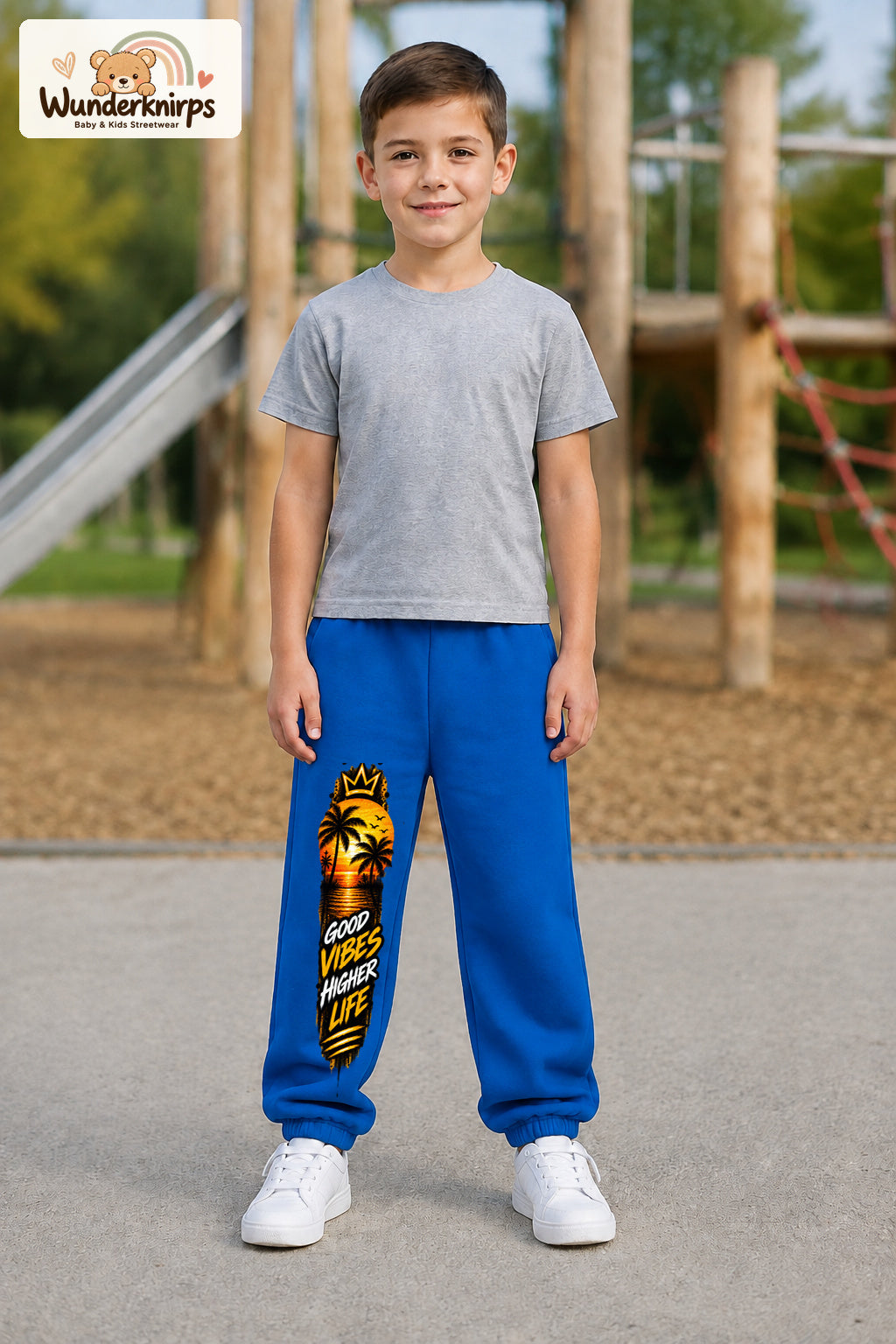 Junge trägt blaue Jogginghose mit Higher Life Palmen-Print, von vorn auf dem Spielplatz.