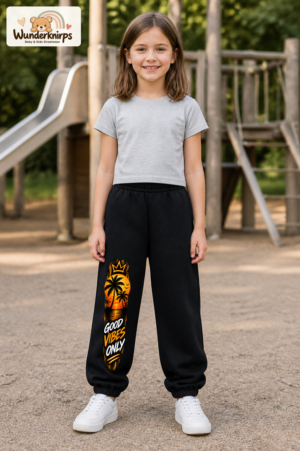 Mädchen trägt schwarze Jogginghose mit Good Vibes Sonnenuntergang-Print, von vorn auf dem Spielplatz.