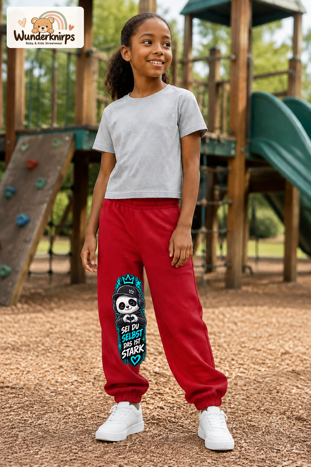 Mädchen trägt rote Jogginghose mit Sei du selbst Herz-Panda-Print, leicht seitlich auf dem Spielplatz.
