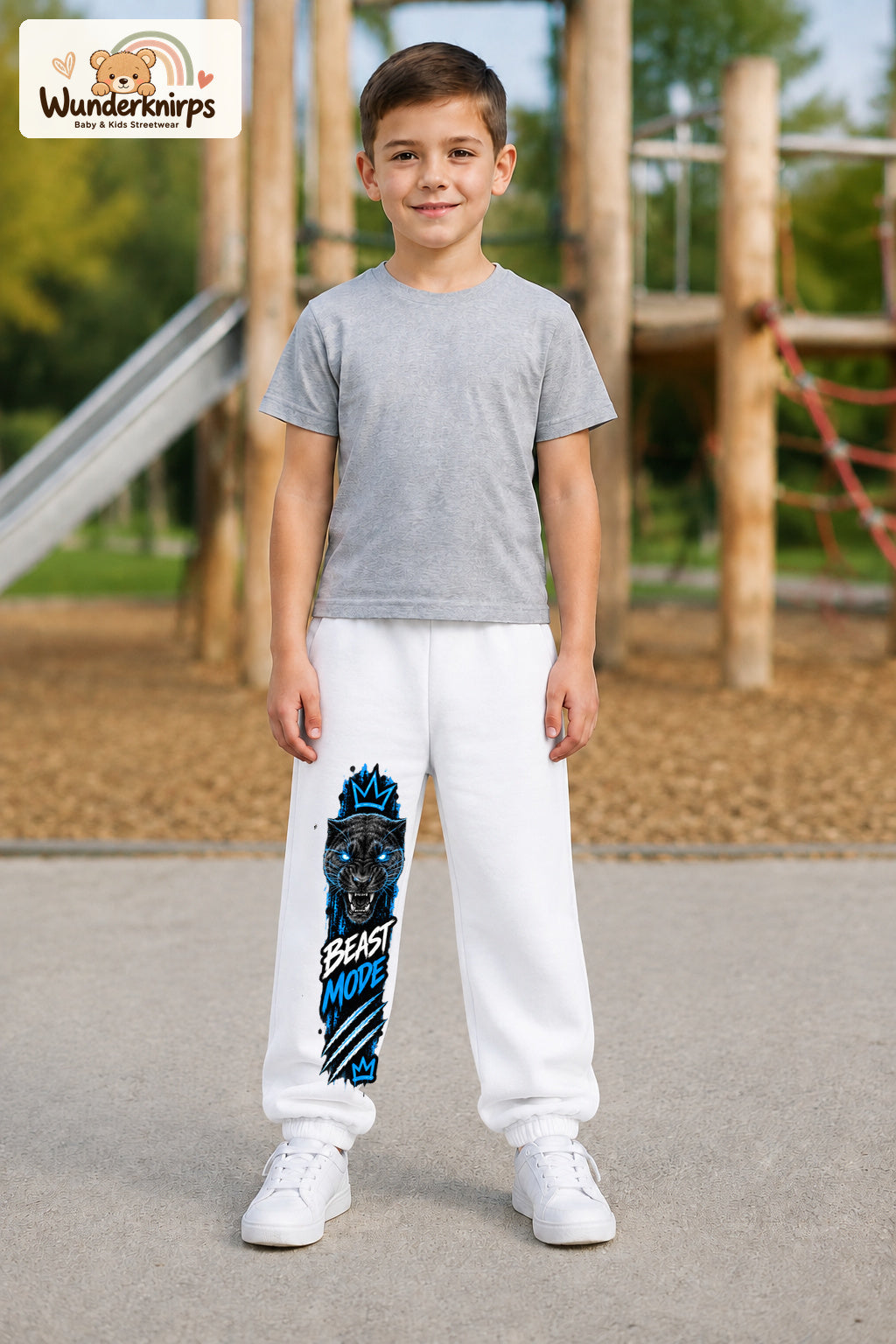 Junge trägt weiße Jogginghose mit Beast Mode Panther-Print, von vorn auf dem Spielplatz.