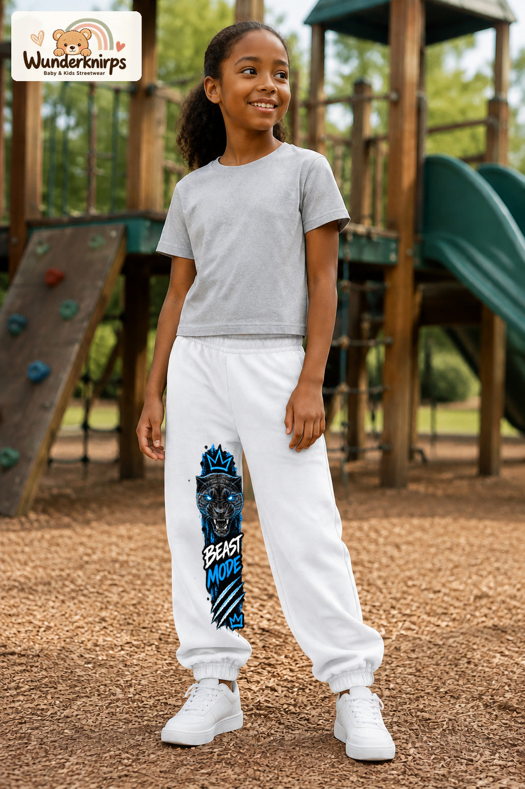 Mädchen trägt weiße Jogginghose mit Beast Mode Panther-Print, leicht seitlich auf dem Spielplatz.