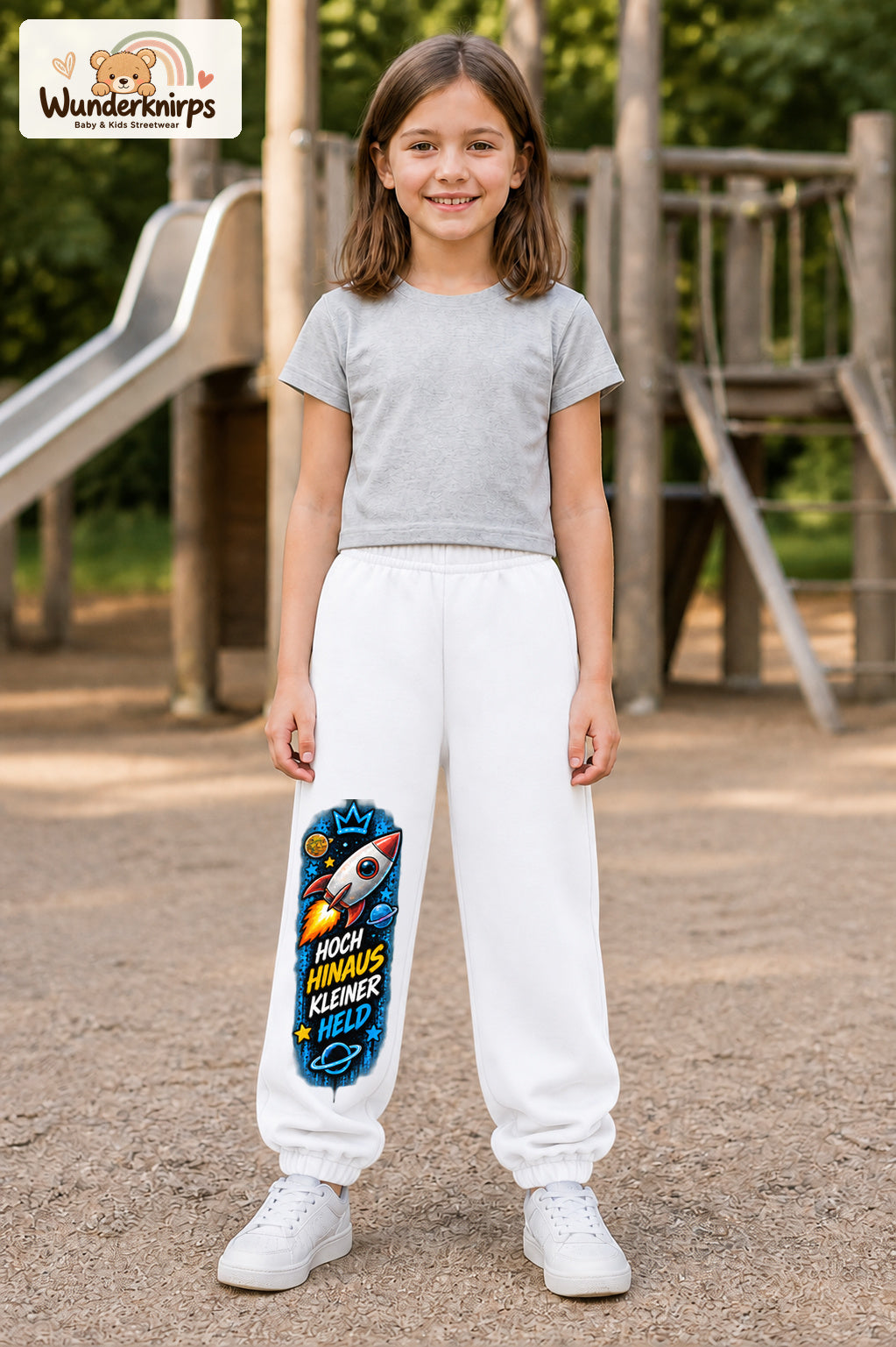 Mädchen trägt weiße Jogginghose mit Kleiner Held Weltraumrakete-Print, von vorn auf dem Spielplatz.