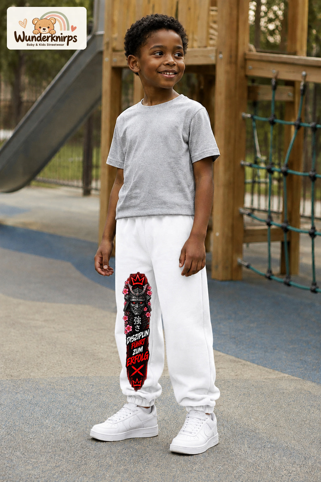Junge trägt weiße Jogginghose mit Disziplin Samurai-Print, leicht seitlich auf dem Spielplatz.