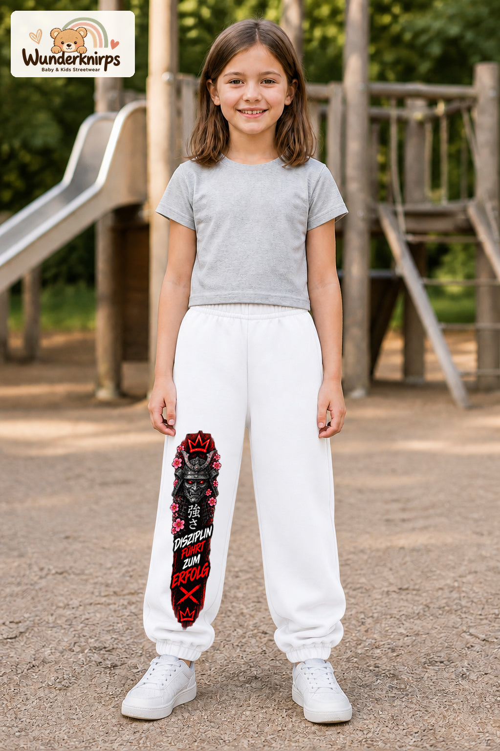 Mädchen trägt weiße Jogginghose mit Disziplin Samurai-Print, von vorn auf dem Spielplatz.