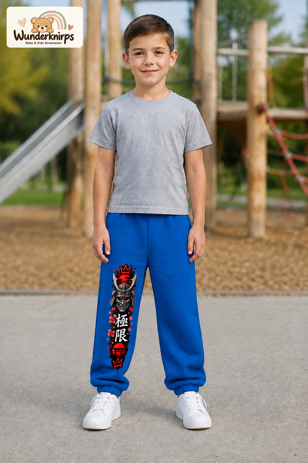 Junge trägt blaue Jogginghose mit Samurai Kirschblüten-Print, von vorn auf dem Spielplatz.