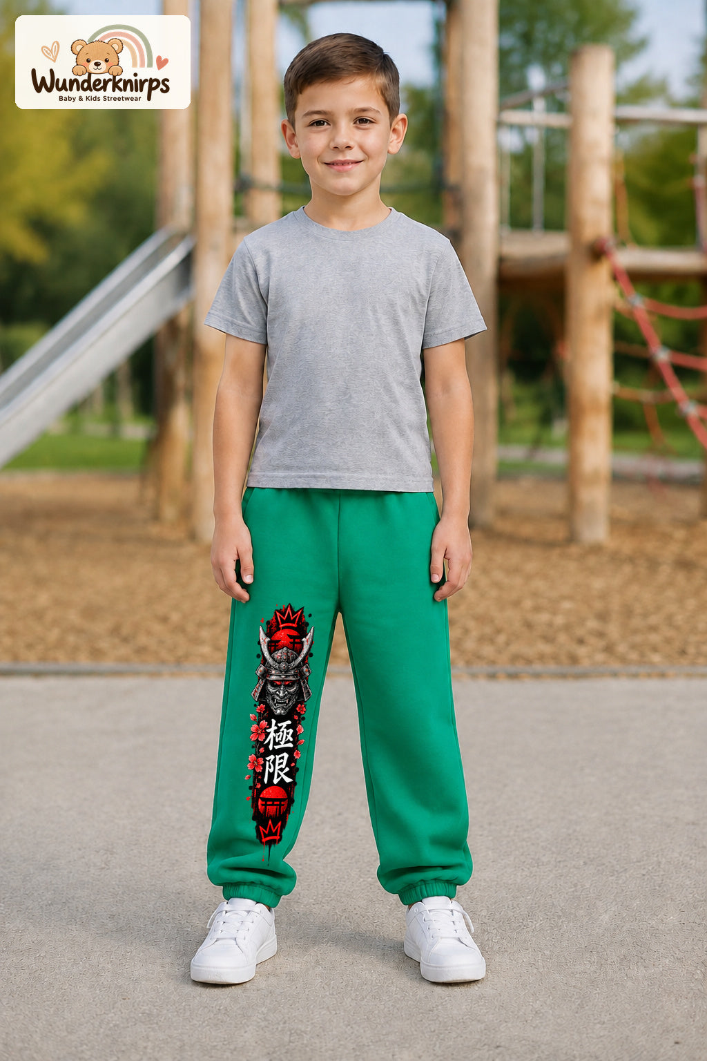 Junge trägt grüne Jogginghose mit Samurai Kirschblüten-Print, von vorn auf dem Spielplatz.