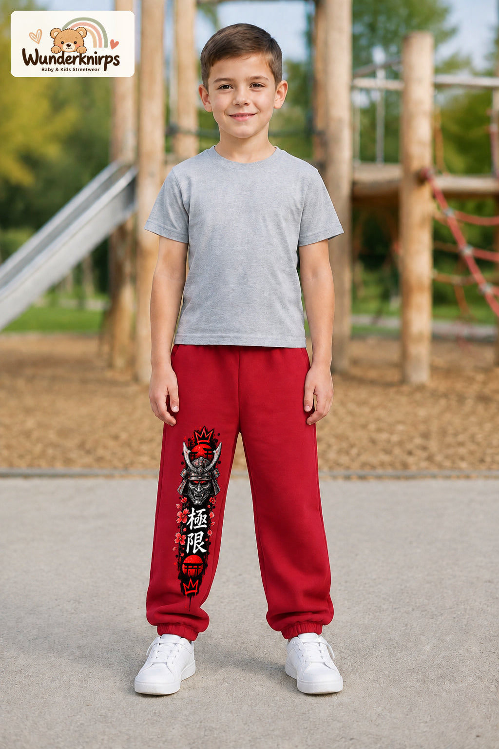 Junge trägt rote Jogginghose mit Samurai Kirschblüten-Print, von vorn auf dem Spielplatz.