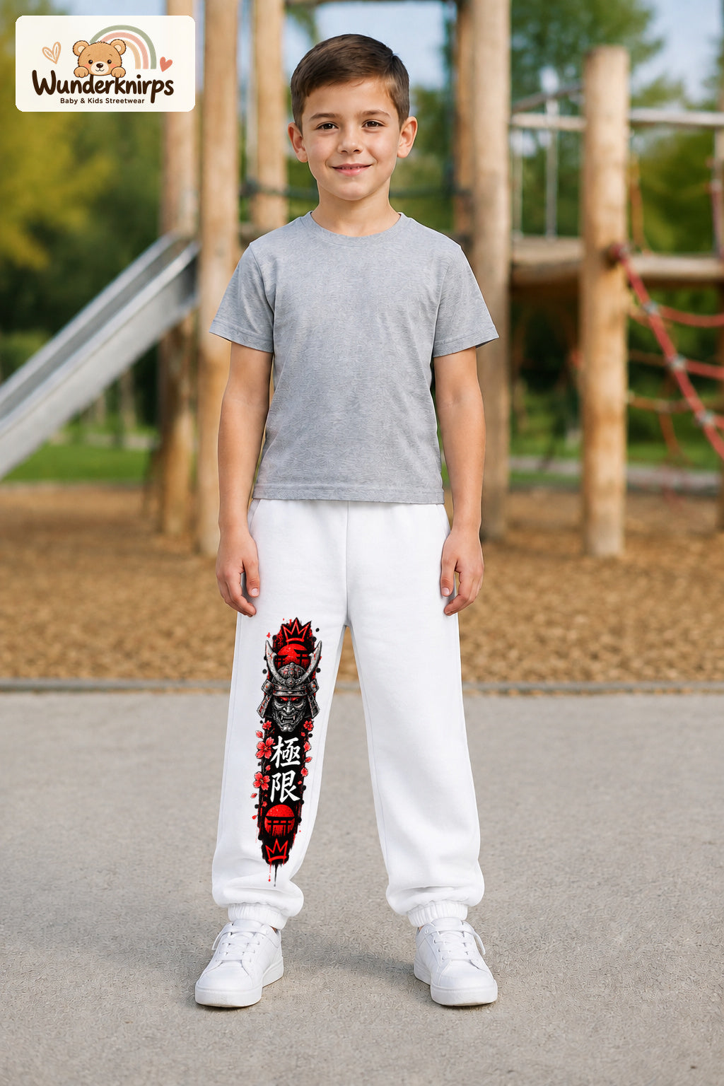 Junge trägt weiße Jogginghose mit Samurai Kirschblüten-Print, von vorn auf dem Spielplatz.