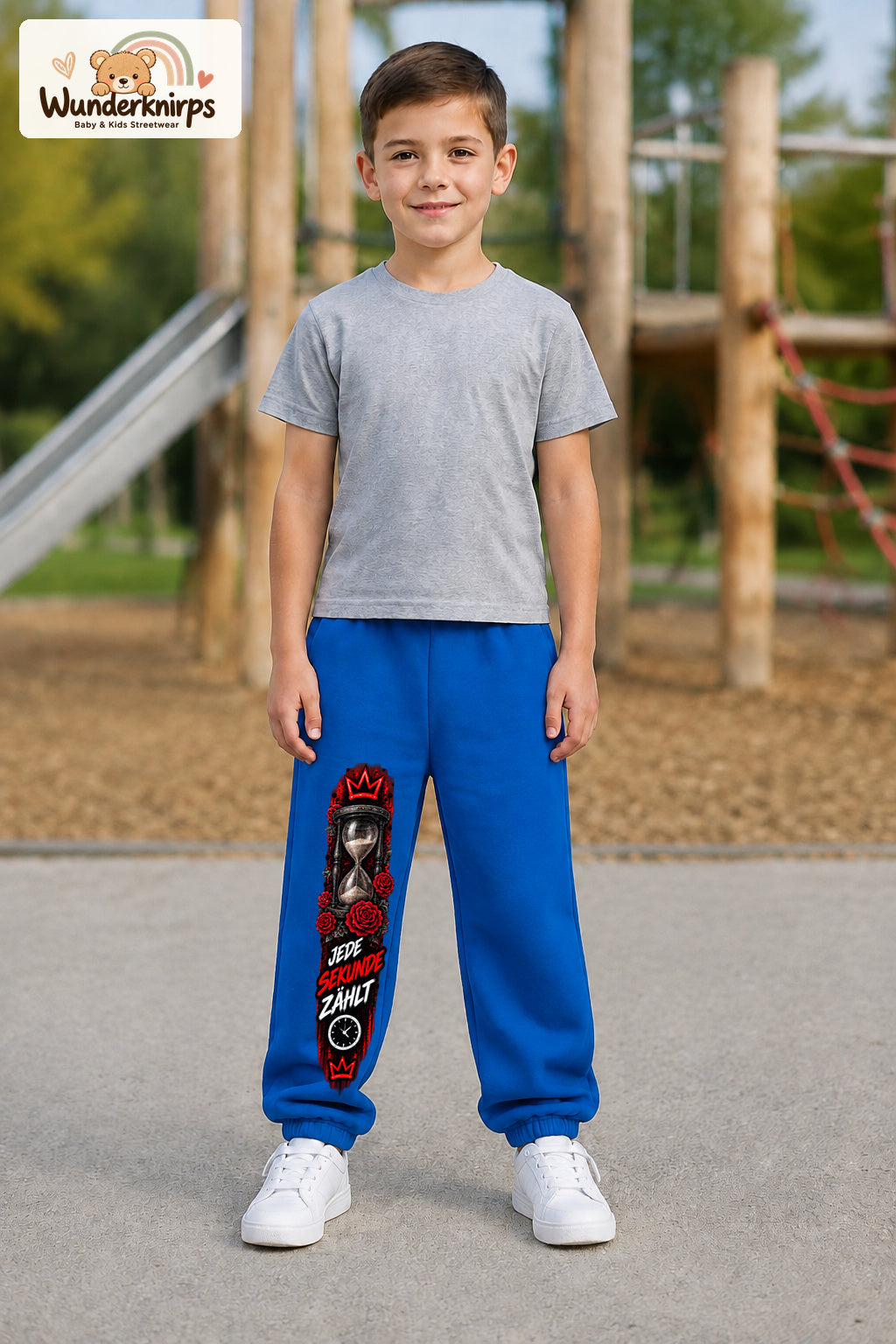 Junge trägt blaue Jogginghose mit Jede Sekunde Sanduhr-Print, von vorn auf dem Spielplatz.