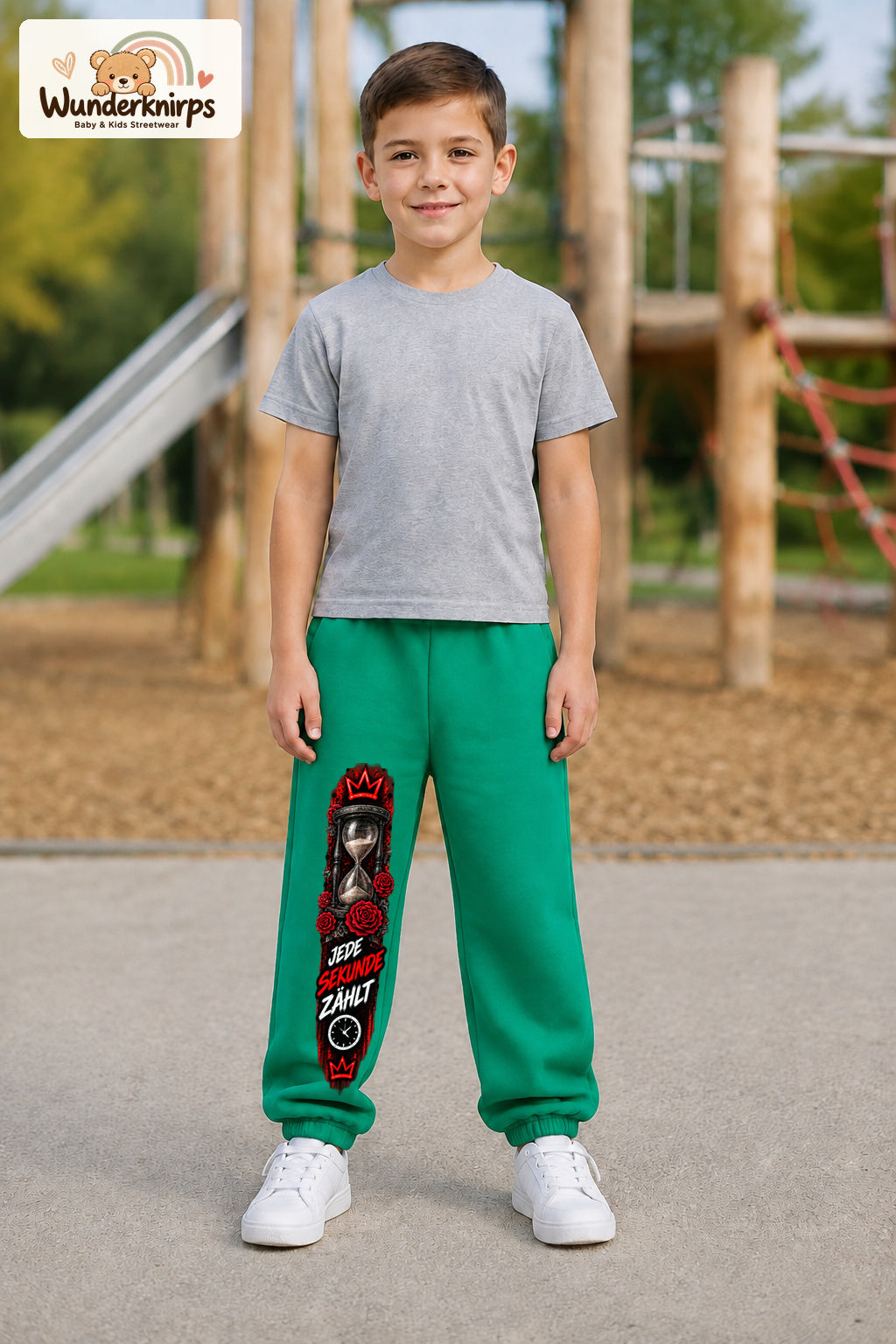 Junge trägt grüne Jogginghose mit Jede Sekunde Sanduhr-Print, von vorn auf dem Spielplatz.