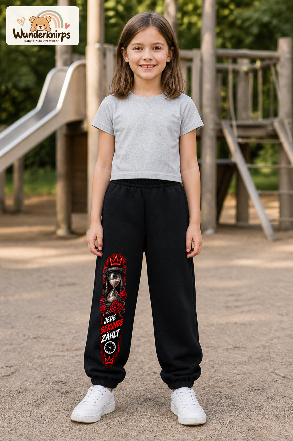 Mädchen trägt schwarze Jogginghose mit Jede Sekunde Sanduhr-Print, von vorn auf dem Spielplatz.