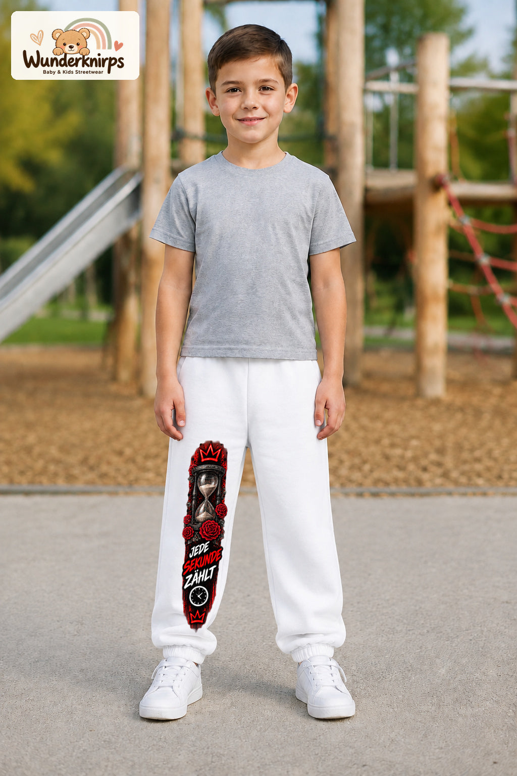 Junge trägt weiße Jogginghose mit Jede Sekunde Sanduhr-Print, von vorn auf dem Spielplatz.