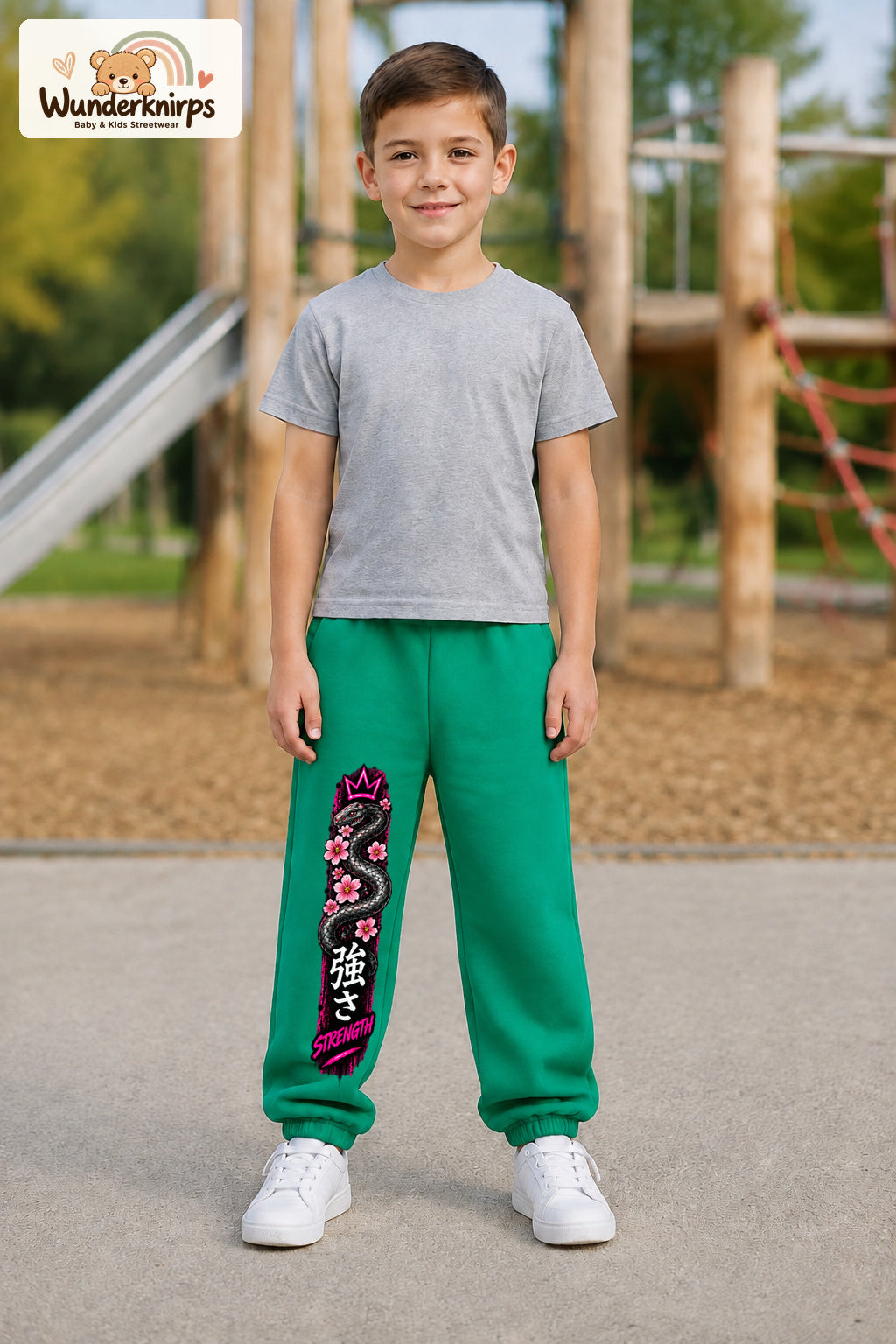 Junge trägt grüne Jogginghose mit Strength Blütenschlange-Print, von vorn auf dem Spielplatz.