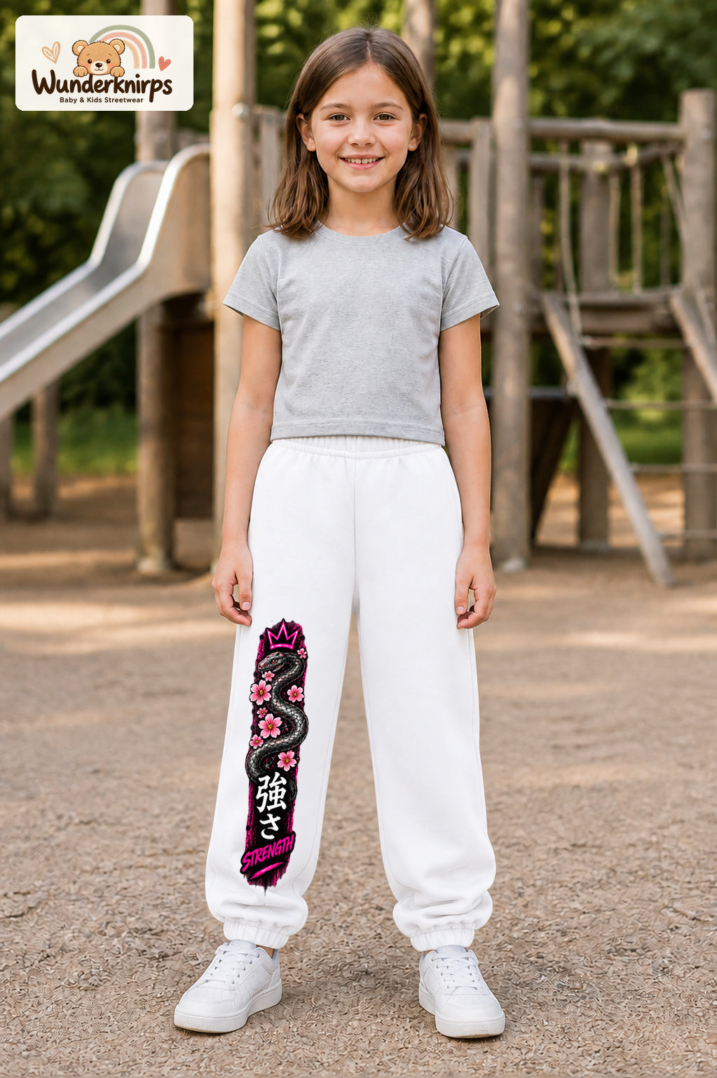 Mädchen trägt weiße Jogginghose mit Strength Blütenschlange-Print, von vorn auf dem Spielplatz.