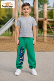 Junge trägt grüne Jogginghose mit Trust Your Process Schlange-Print, von vorn auf dem Spielplatz.