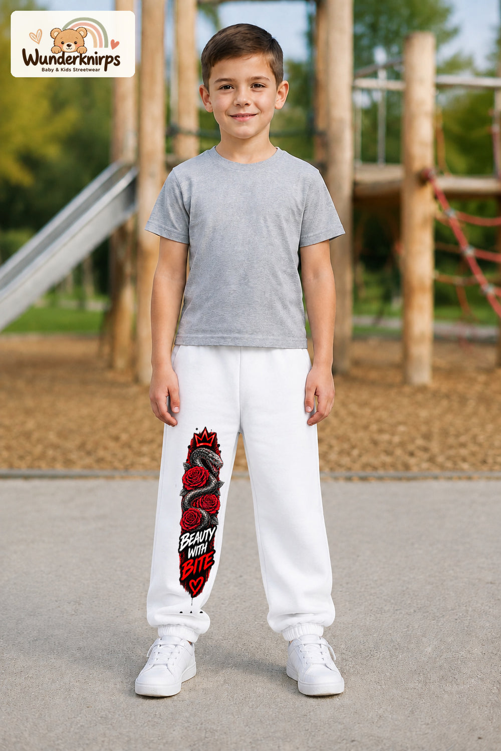 Junge trägt weiße Jogginghose mit Beauty with Bite-Print, von vorn auf dem Spielplatz.