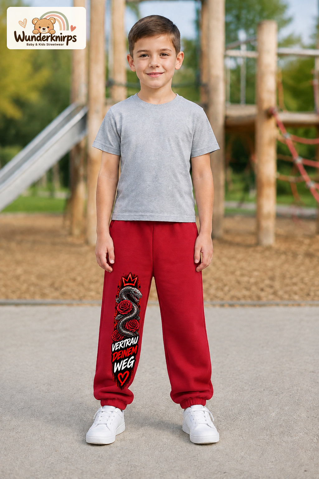 Junge trägt rote Jogginghose mit Vertrau deinem Weg-Print, von vorn auf dem Spielplatz.
