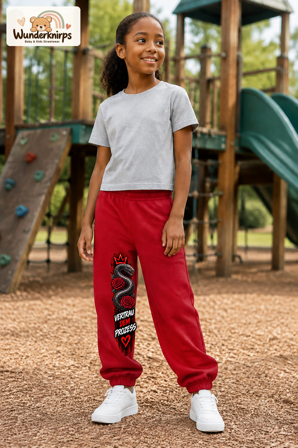 Mädchen trägt rote Jogginghose mit Vertrau dem Prozess-Print, leicht seitlich auf dem Spielplatz.