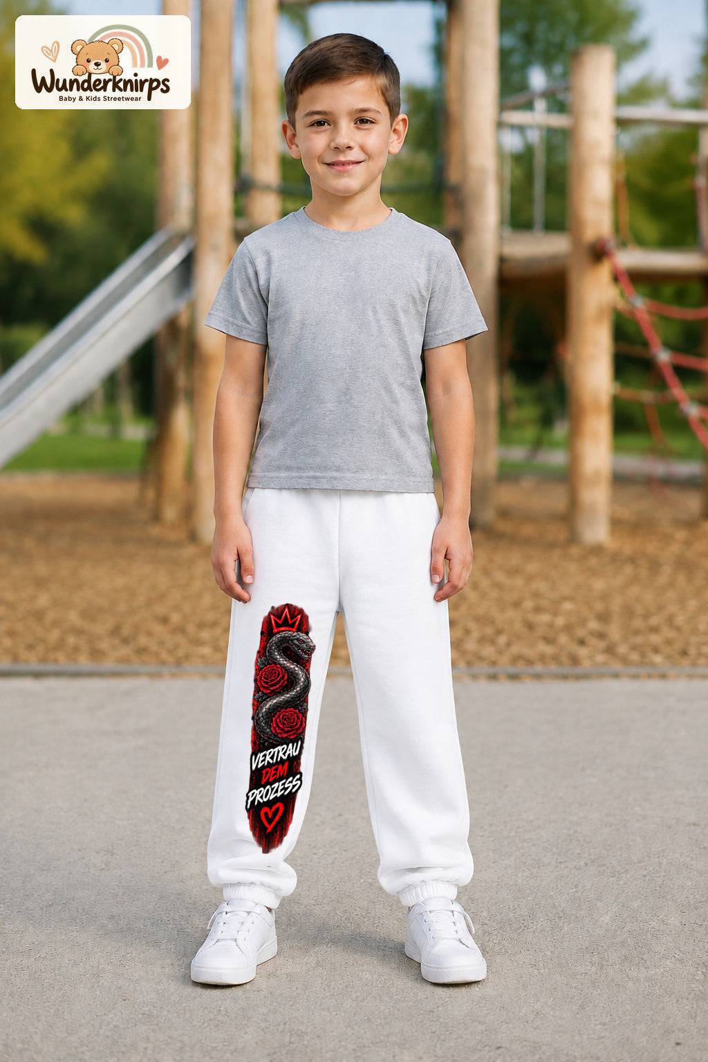 Junge trägt weiße Jogginghose mit Vertrau dem Prozess-Print, von vorn auf dem Spielplatz.
