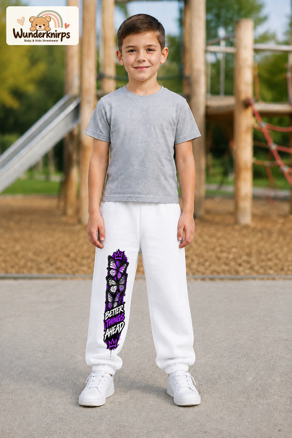 Junge trägt weiße Jogginghose mit Better Things Falter-Print, von vorn auf dem Spielplatz.