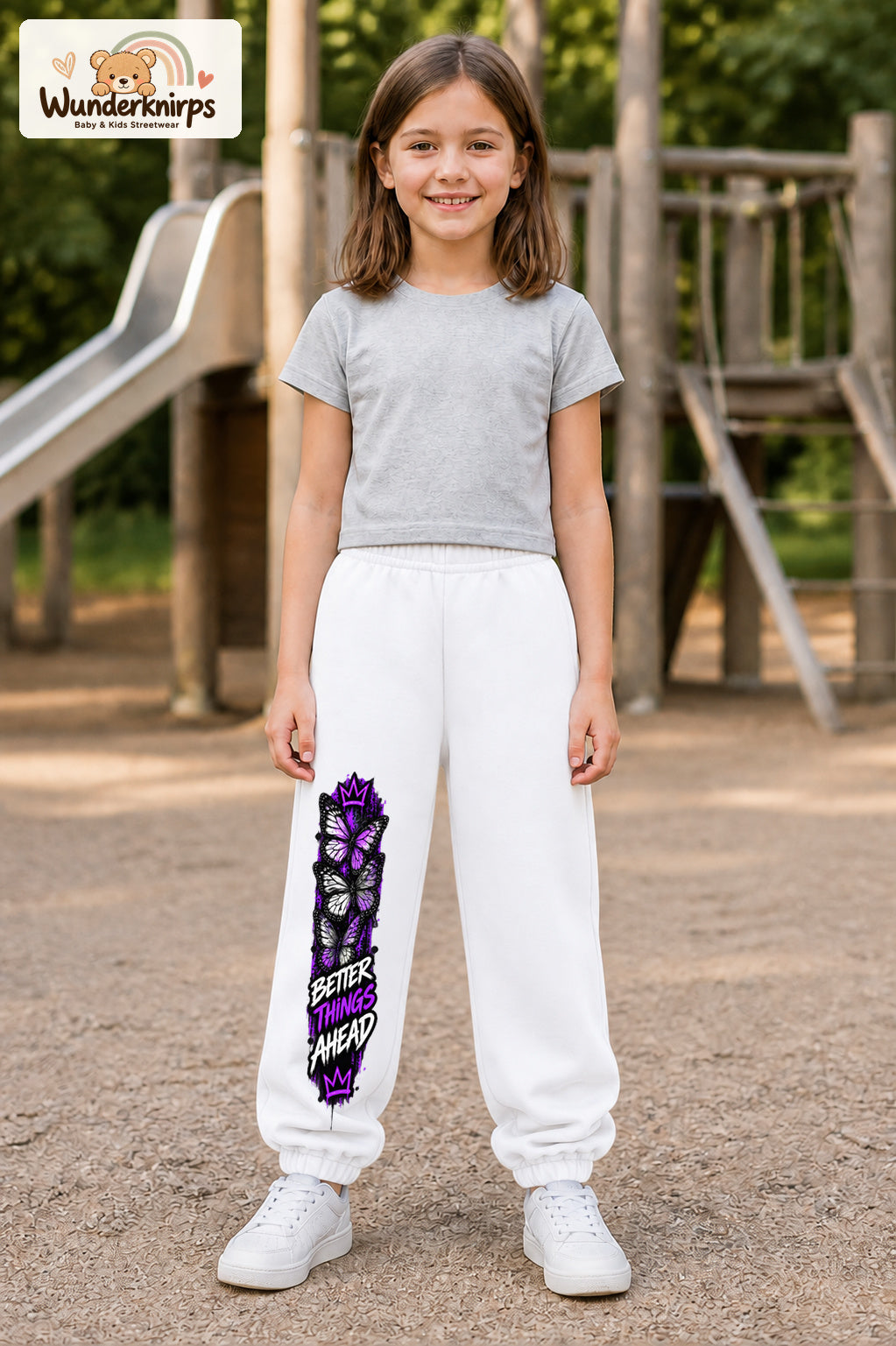 Mädchen trägt weiße Jogginghose mit Better Things Falter-Print, von vorn auf dem Spielplatz.