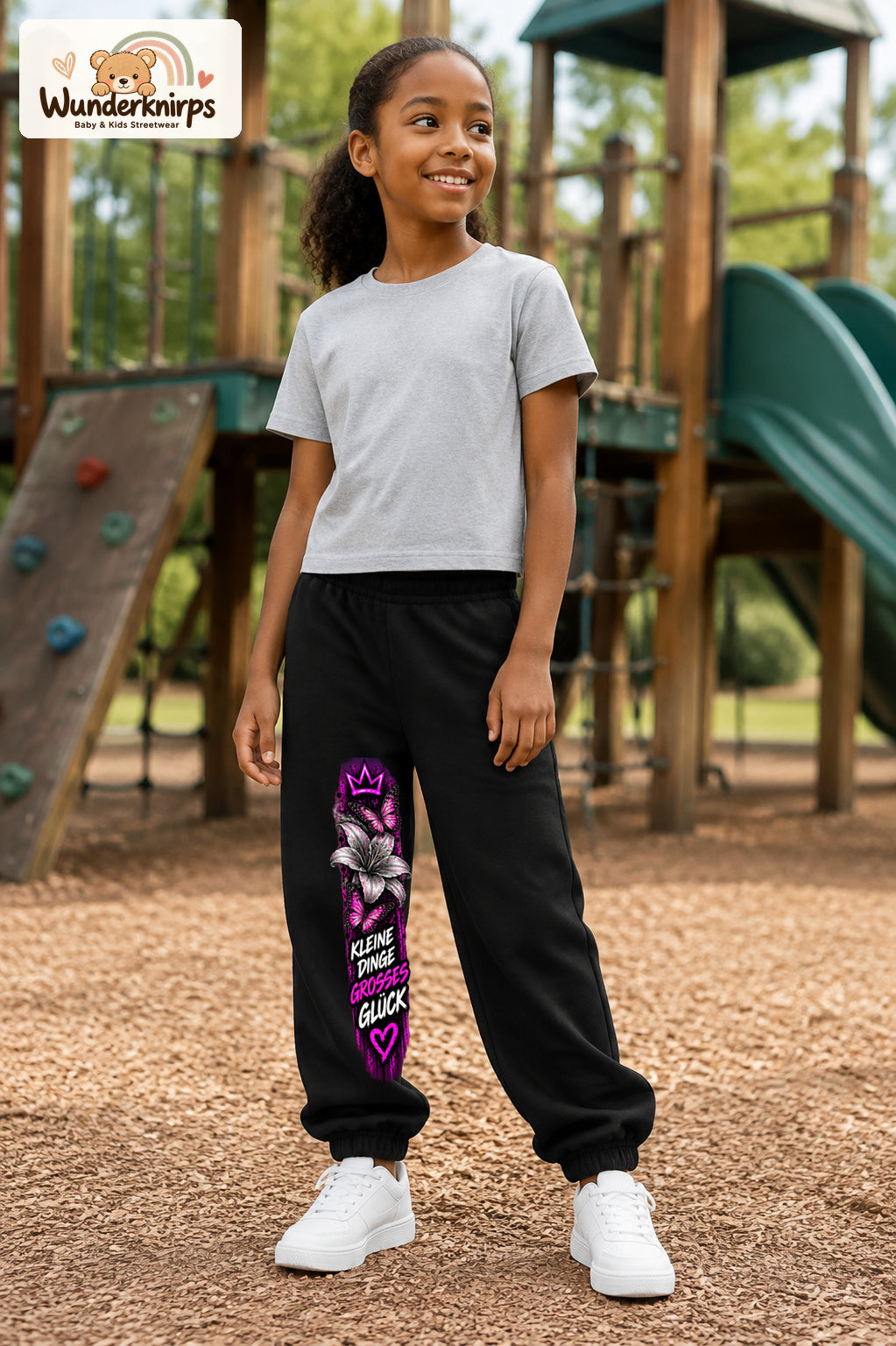 Mädchen trägt schwarze Jogginghose mit Großes Glück Lilie-Print, leicht seitlich auf dem Spielplatz.