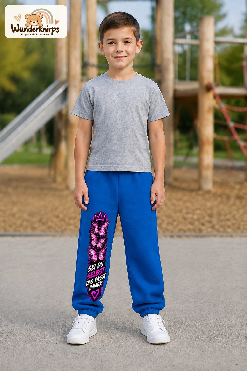 Junge trägt blaue Jogginghose mit Sei du selbst Falter-Print, von vorn auf dem Spielplatz.