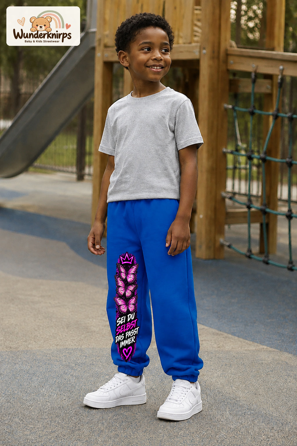 Junge trägt blaue Jogginghose mit Sei du selbst Falter-Print, leicht seitlich auf dem Spielplatz.