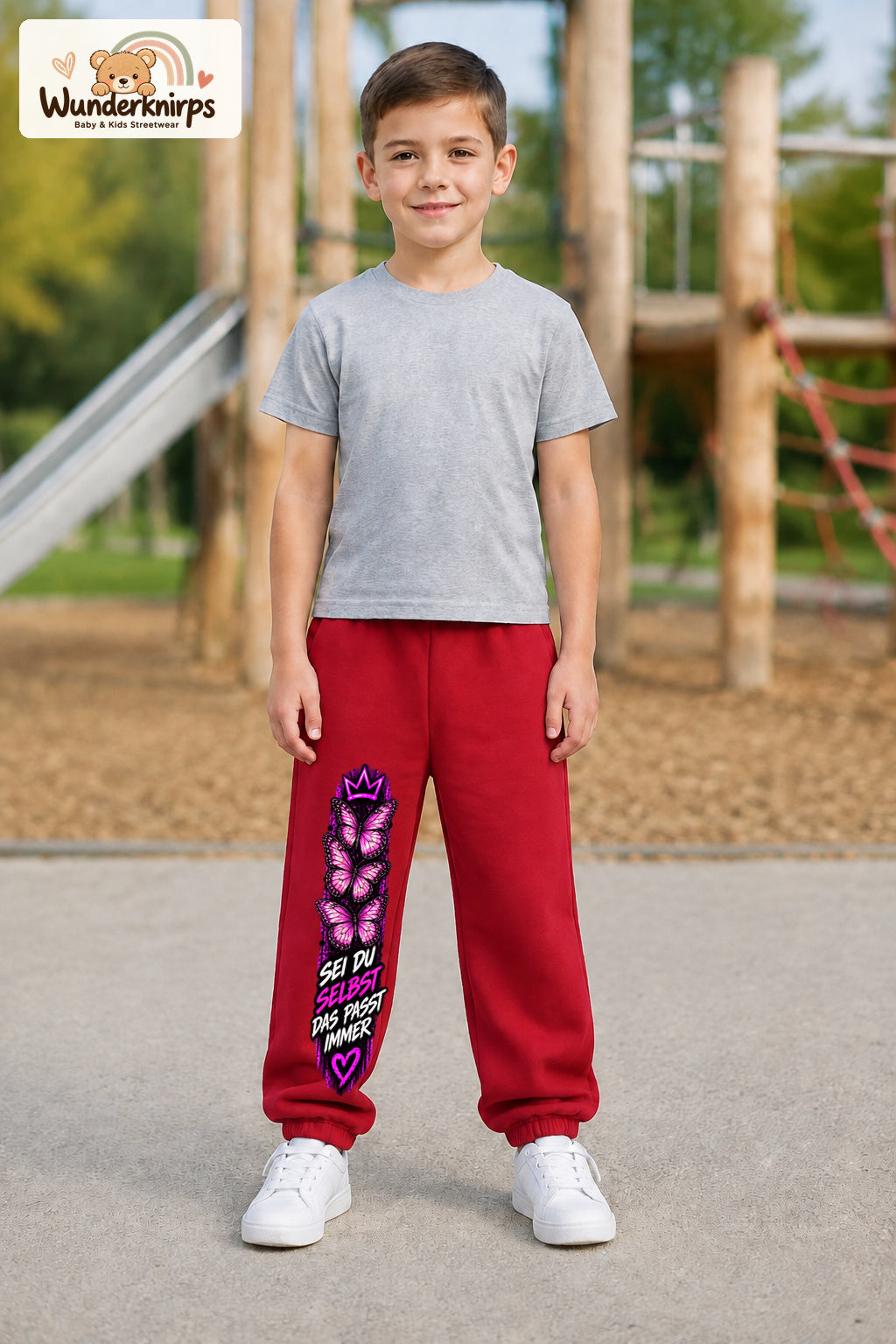 Junge trägt rote Jogginghose mit Sei du selbst Falter-Print, von vorn auf dem Spielplatz.