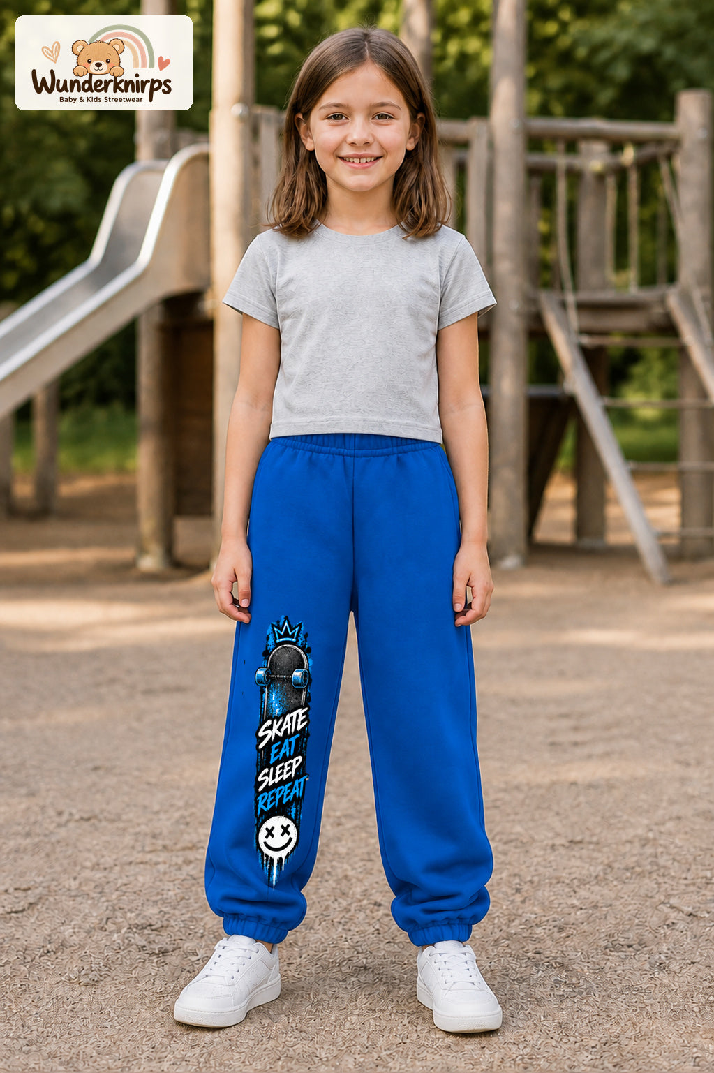 Mädchen trägt blaue Jogginghose mit Skate Eat Sleep Repeat-Print, von vorn auf dem Spielplatz.