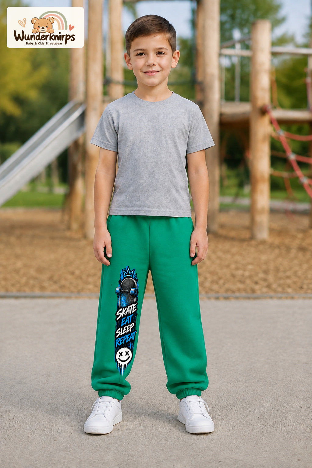 Junge trägt grüne Jogginghose mit Skate Eat Sleep Repeat-Print, von vorn auf dem Spielplatz.