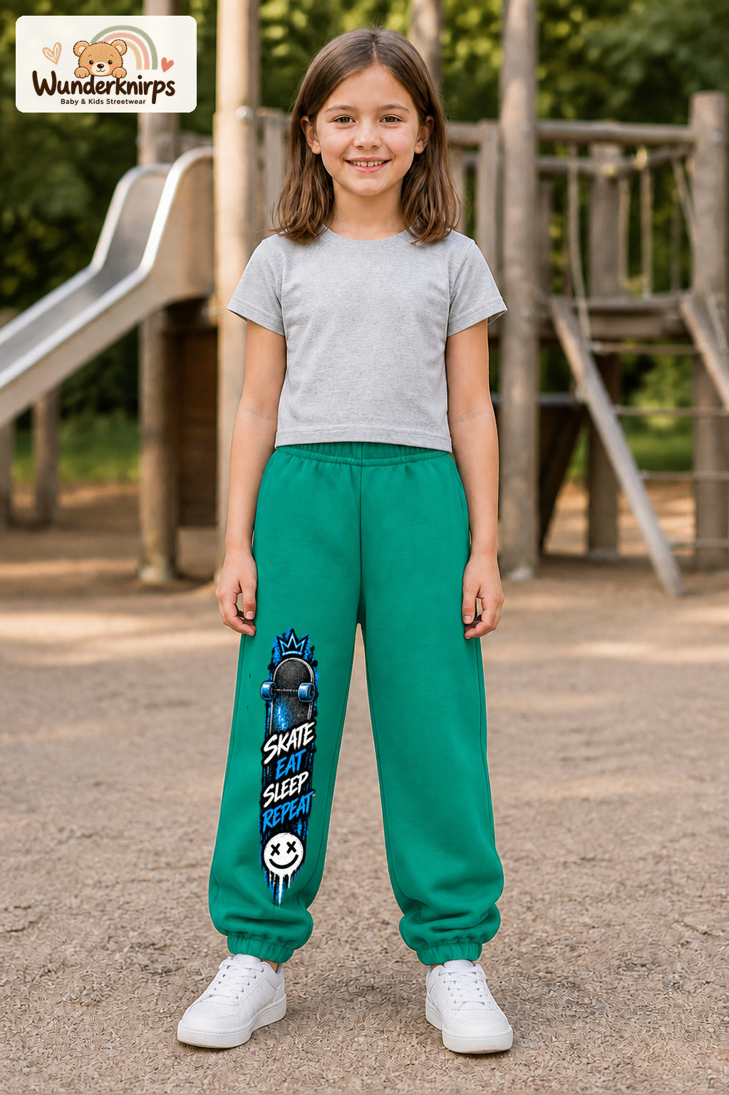 Mädchen trägt grüne Jogginghose mit Skate Eat Sleep Repeat-Print, von vorn auf dem Spielplatz.