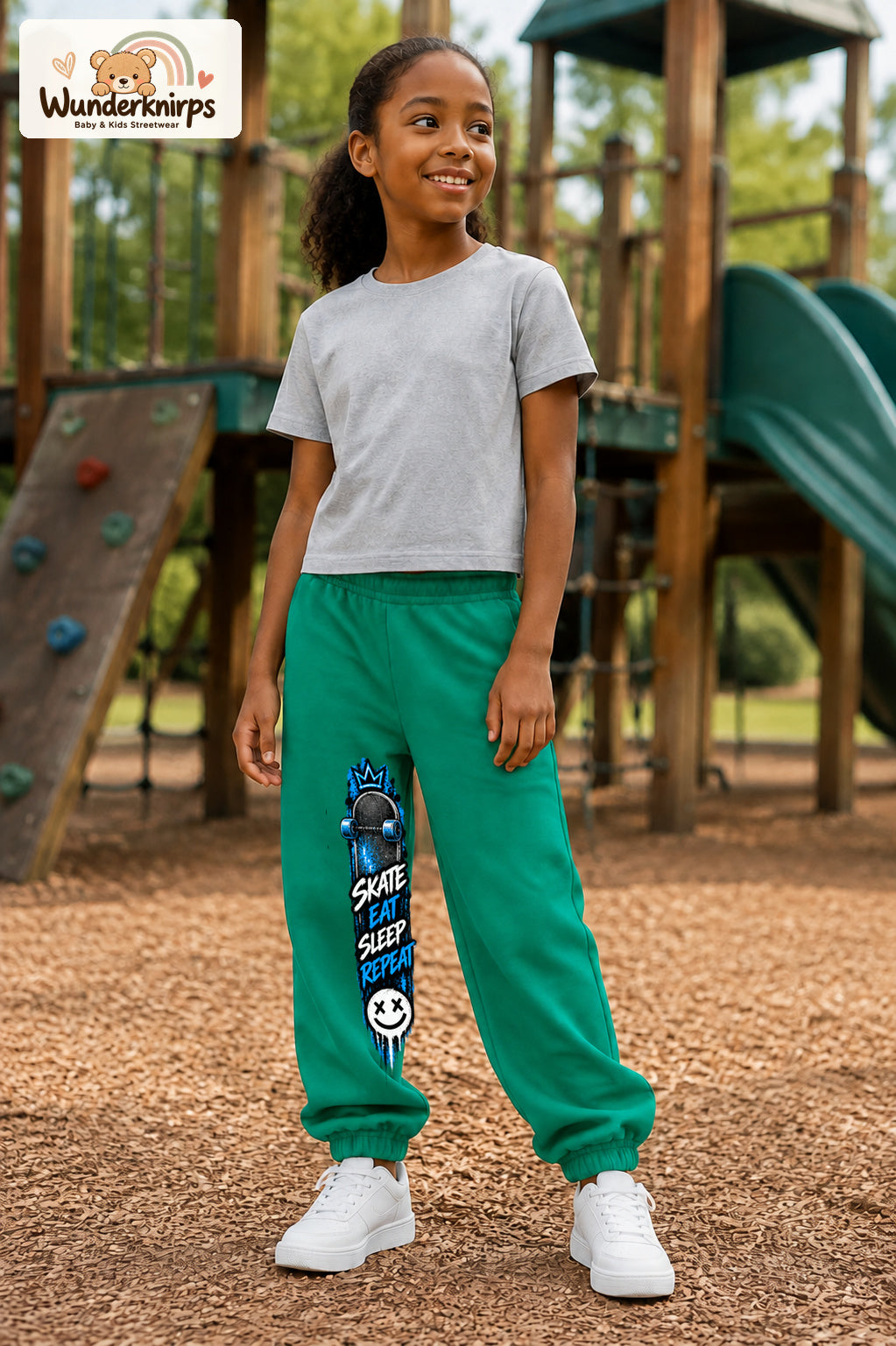 Mädchen trägt grüne Jogginghose mit Skate Eat Sleep Repeat-Print, leicht seitlich auf dem Spielplatz.