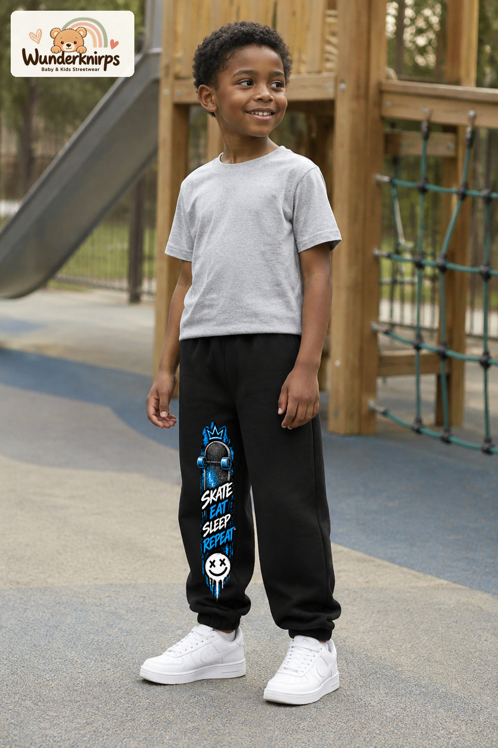 Junge trägt schwarze Jogginghose mit Skate Eat Sleep Repeat-Print, leicht seitlich auf dem Spielplatz.