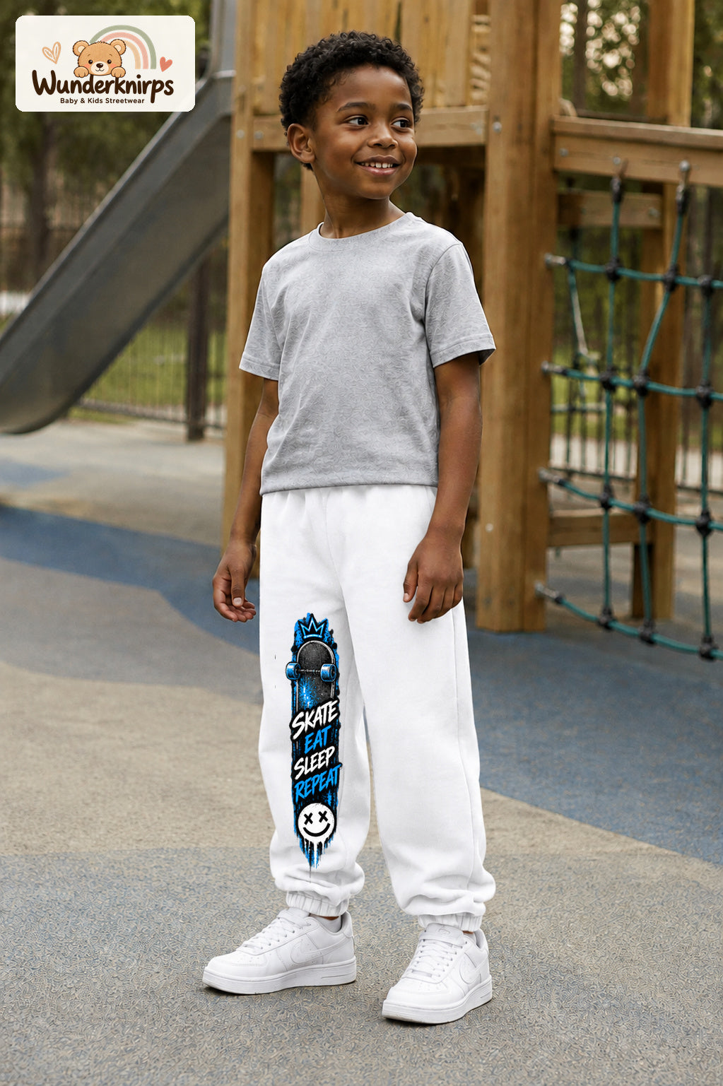Junge trägt weiße Jogginghose mit Skate Eat Sleep Repeat-Print, leicht seitlich auf dem Spielplatz.