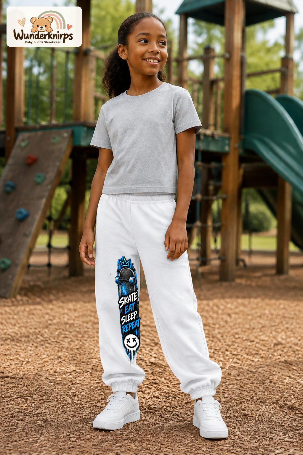 Mädchen trägt weiße Jogginghose mit Skate Eat Sleep Repeat-Print, leicht seitlich auf dem Spielplatz.